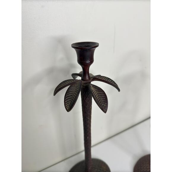 Pair Made in India Textured Wrought Iron Metal Tropical Palm Tree candlesticks - Picture 4 of 10